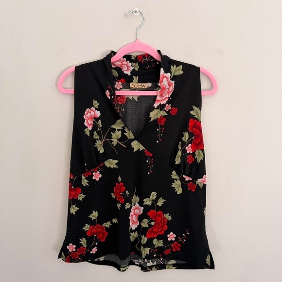 Y2K BLACK CDW FLORAL HIGH NECK TOP - Picture 2 of 6